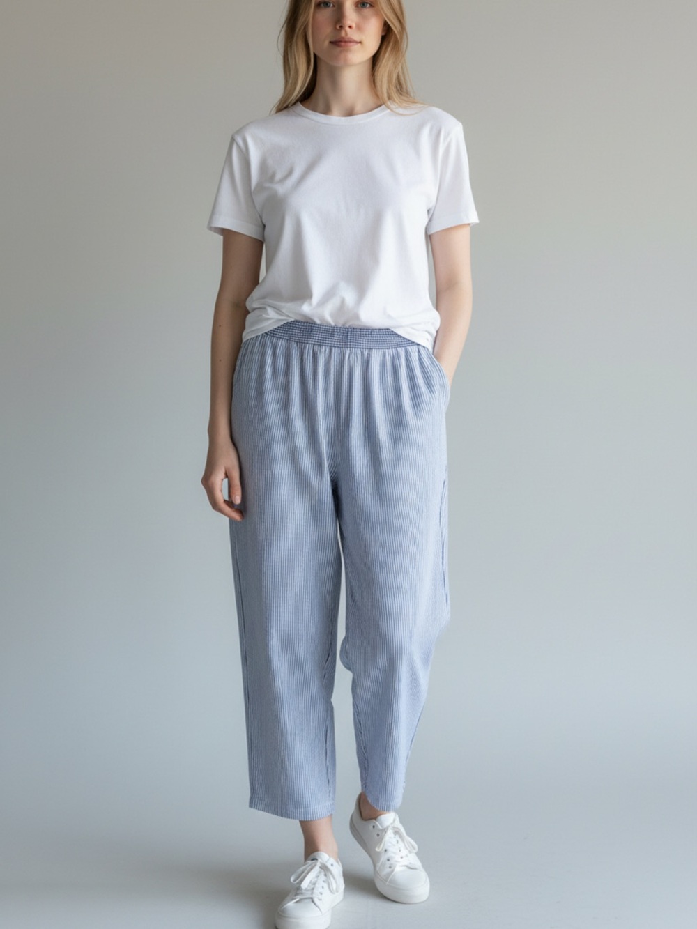 Light Blue Pinstripe Cropped Elastic-Waist Pants